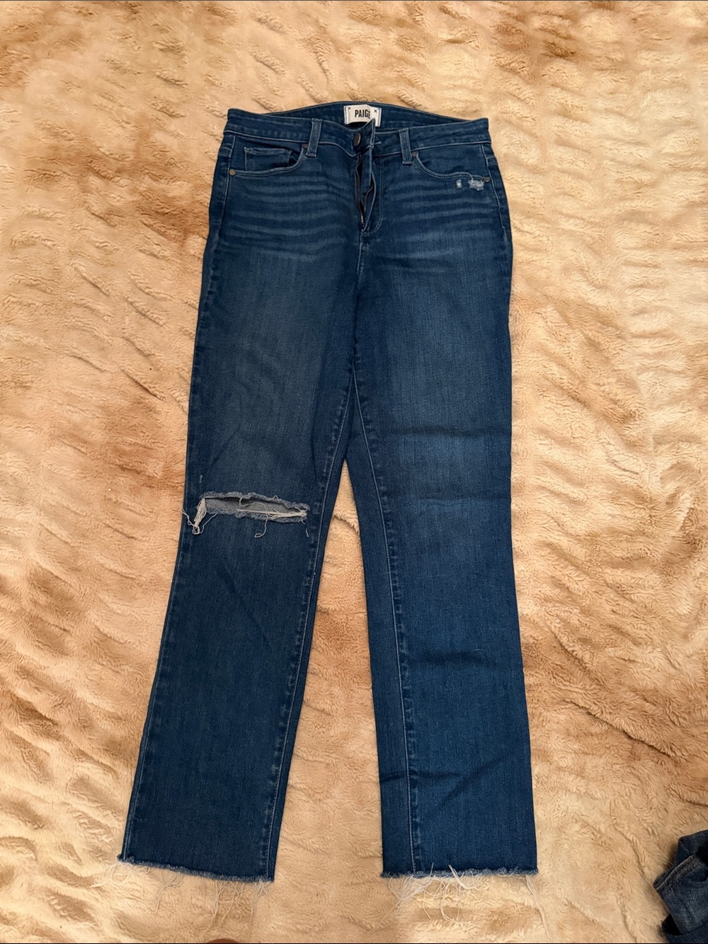 PAIGE Dark Blue Straight Leg Jeans with Knee Rip